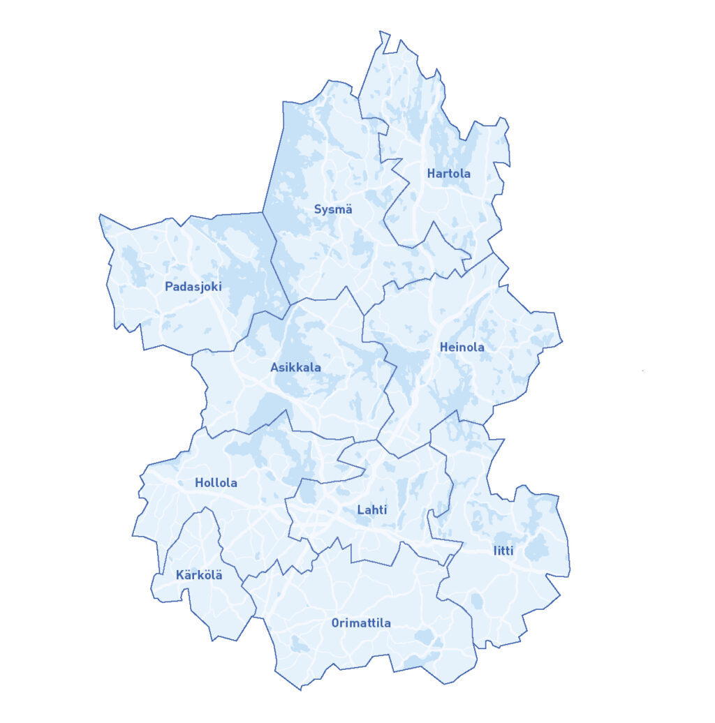 Karttakuva LSL:n toimialueen kunnista eli Päijät-Hämeen alueista: Lahti, Heinola, Asikkala, Orimattila, Padasjoki, Iitti, Hartola, Hollola, Kärkölä, Sysmä.