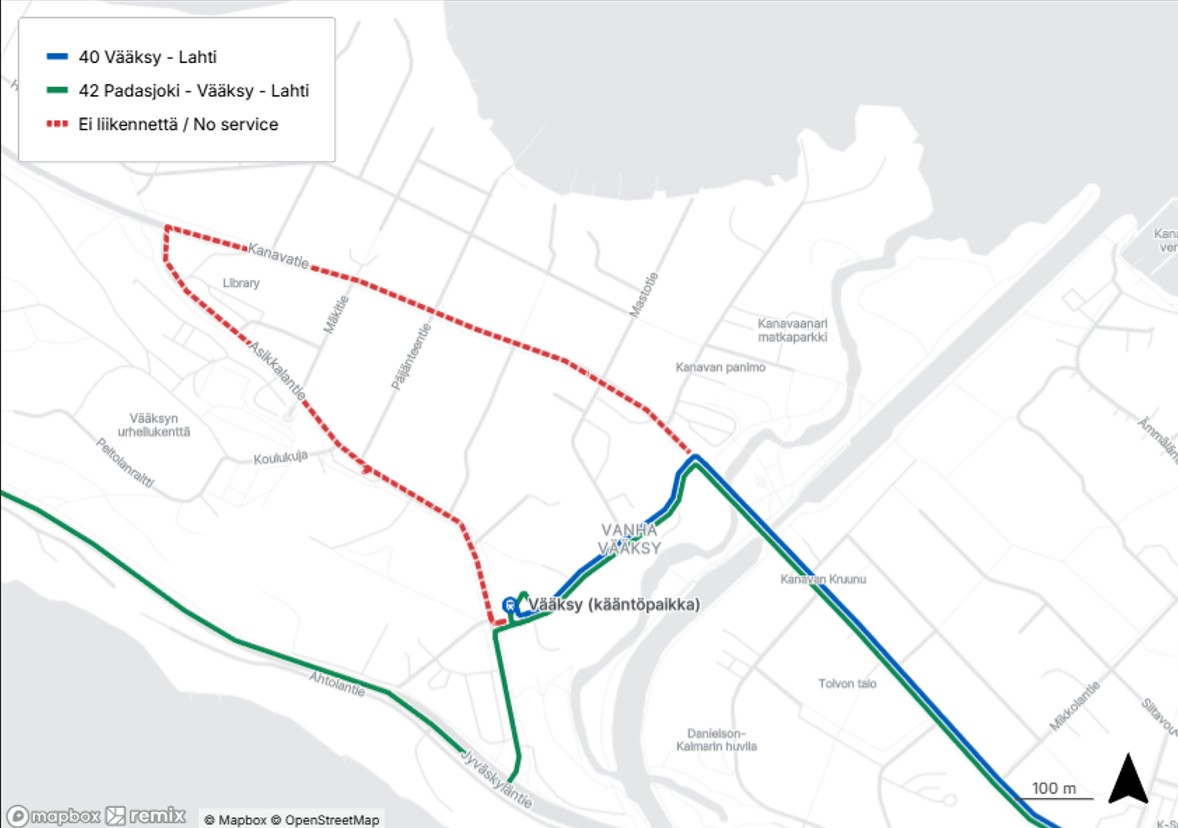 Vääksyn poikkeusreitti kartalla.