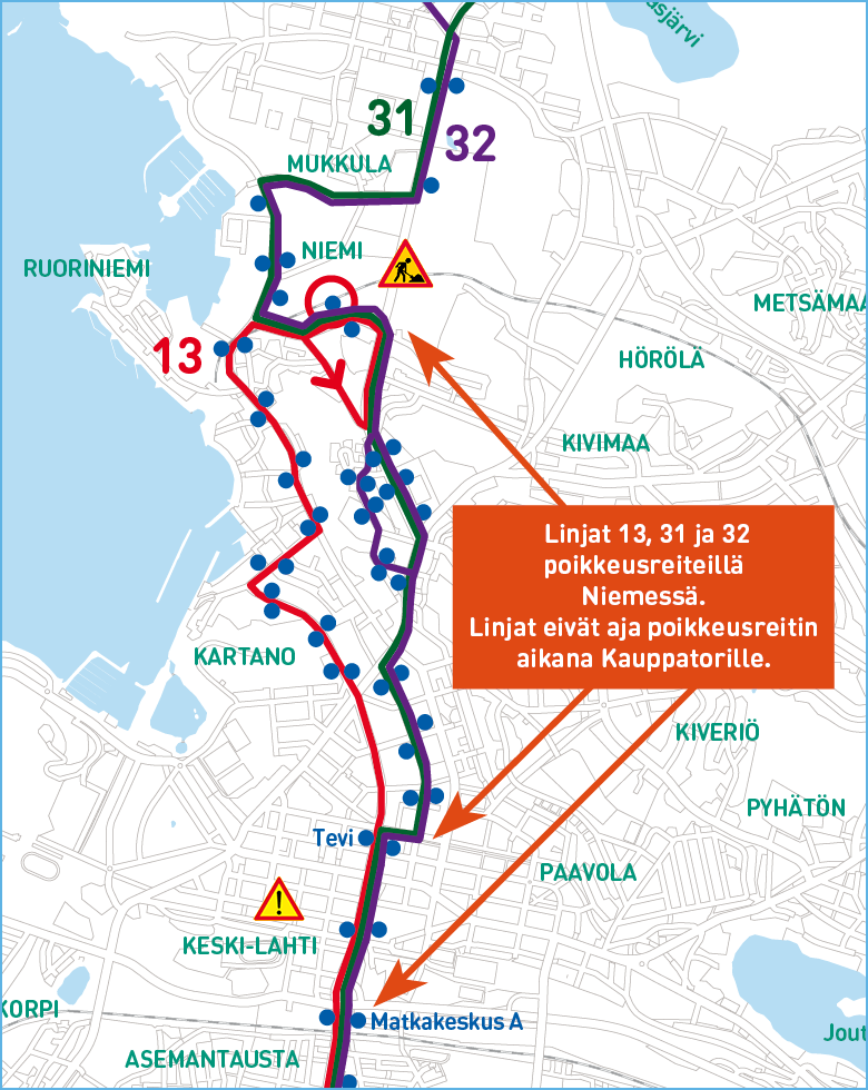 Linjojen 13, 31 ja 32 poikkeusreitit kartalla kuvattuna.