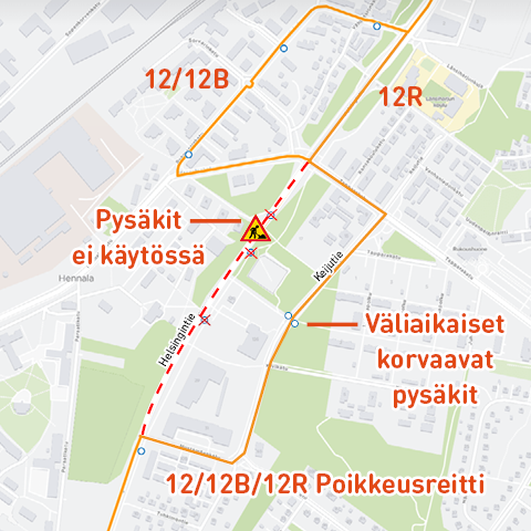 Linjan 12 poikkeusretti kartalla.