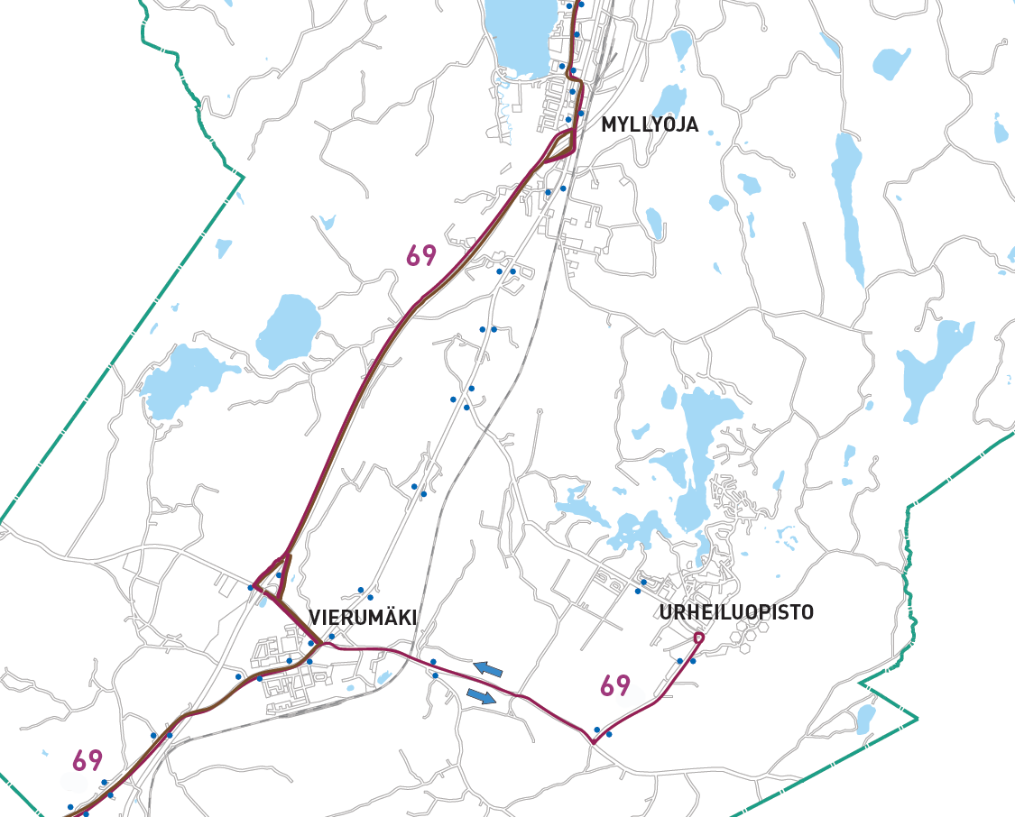 Linjan 69 poikkeusreitti kartalla.