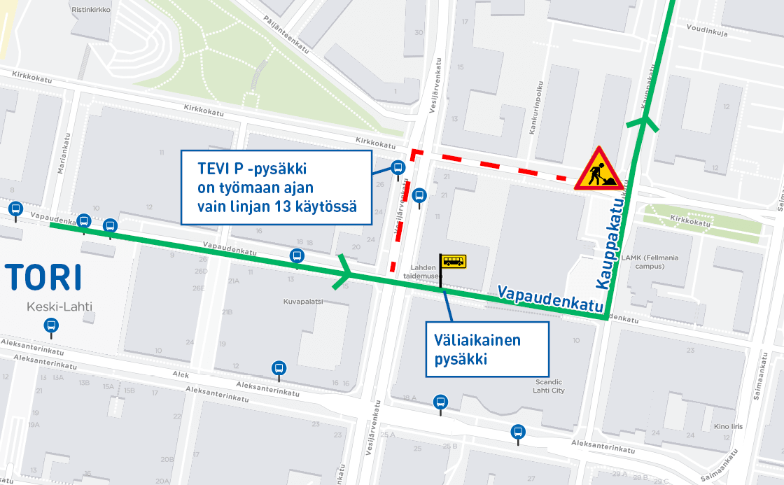 Vapaudenkatu-Kauppakatu oikkeusreitti kartalla.