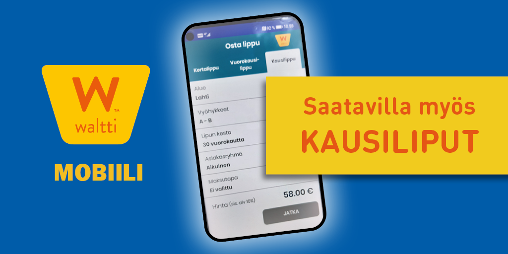 Älypuhelin, jossa on avoinna Waltti Mobiili sovellus ja kuvan päällä Waltin logo sekä teksti saatavilla myös kausiliput.