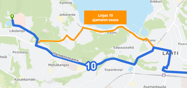 Linjan 10 poikkeusreitti kartalla.