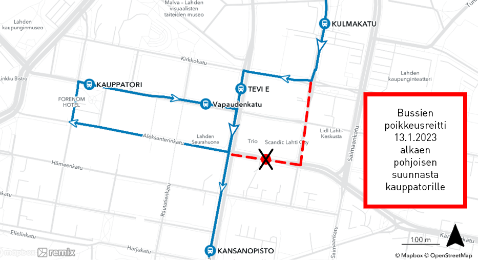 Bussien poikkeusreitti kartalla pohjoisen suunnasta kauppatorille.