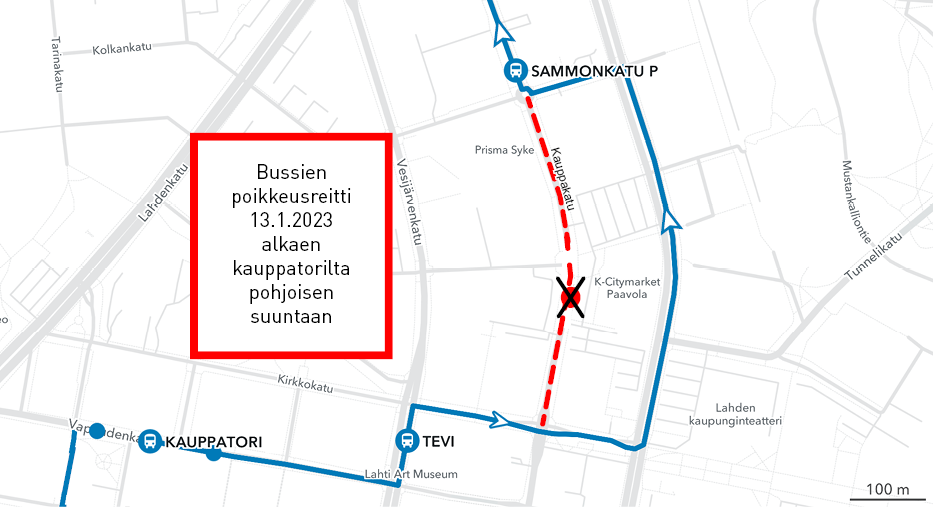 Bussien poikkeusreitti kartalla Kauppatorilta pohjoisen suuntaan.