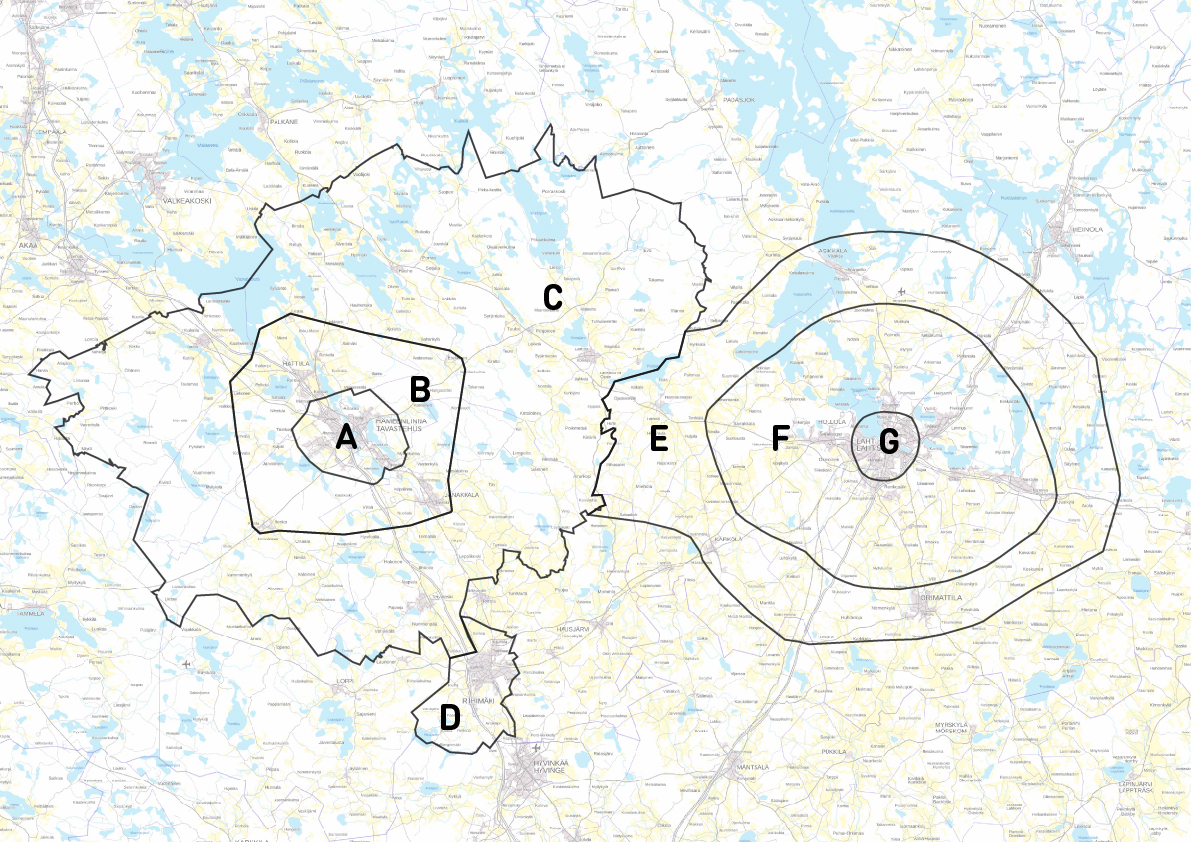 Lahti-Hämeenlinna-liikenteen vyöhykerajat kartalla