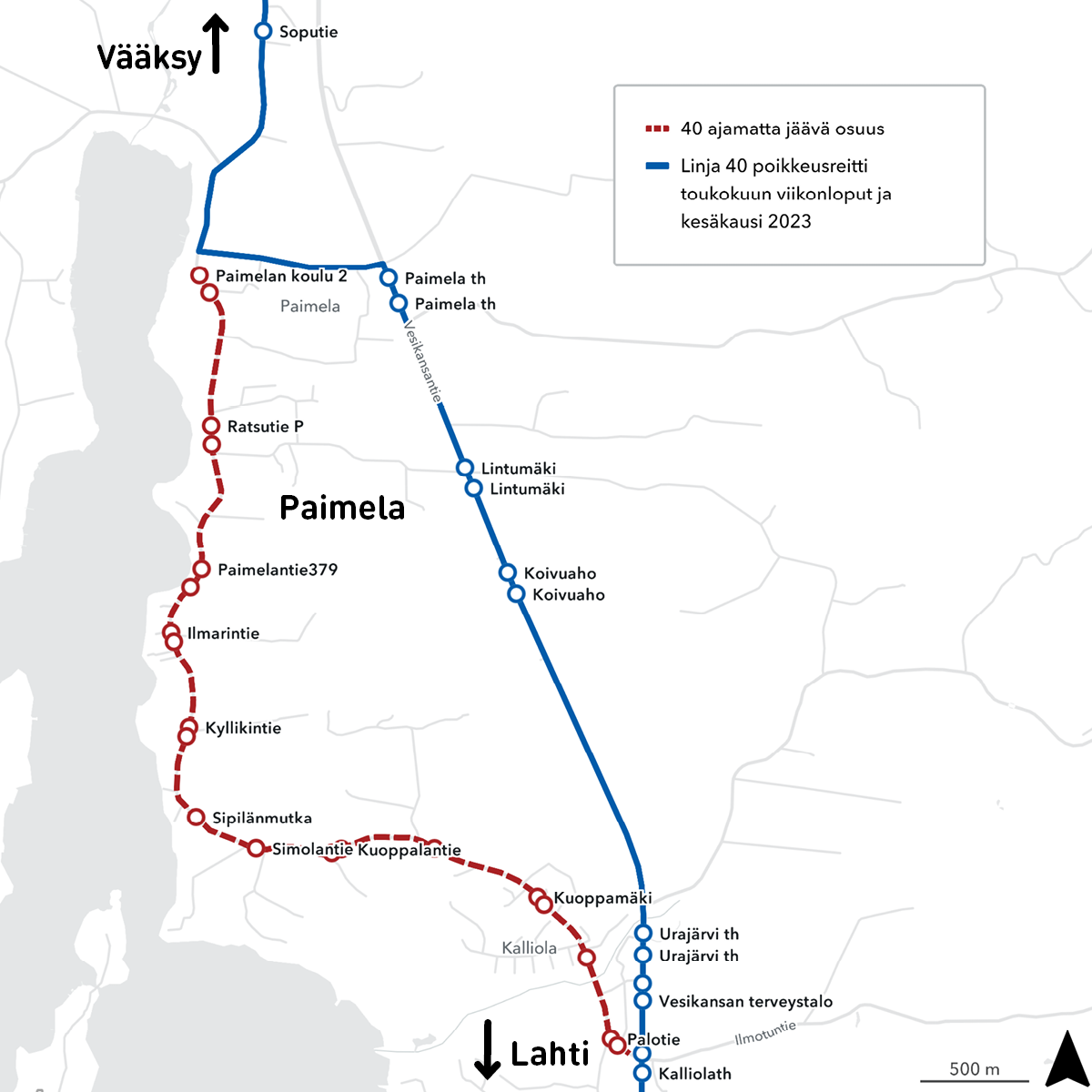 Paimelan poikkeusreitti viikonloppuisin ja kesäkaudella kartalla.