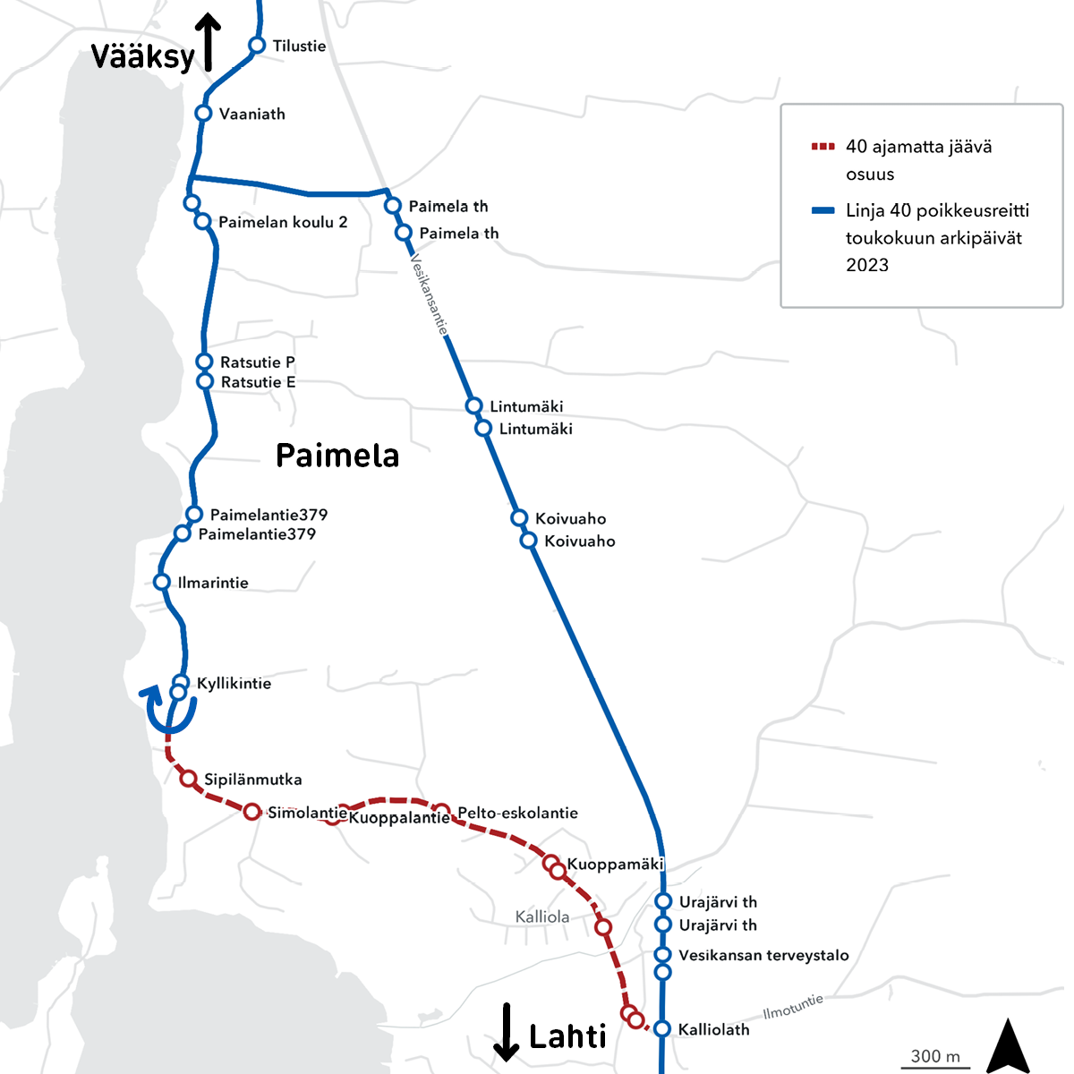 Linjan 40 poikkeusreitti kartalla.