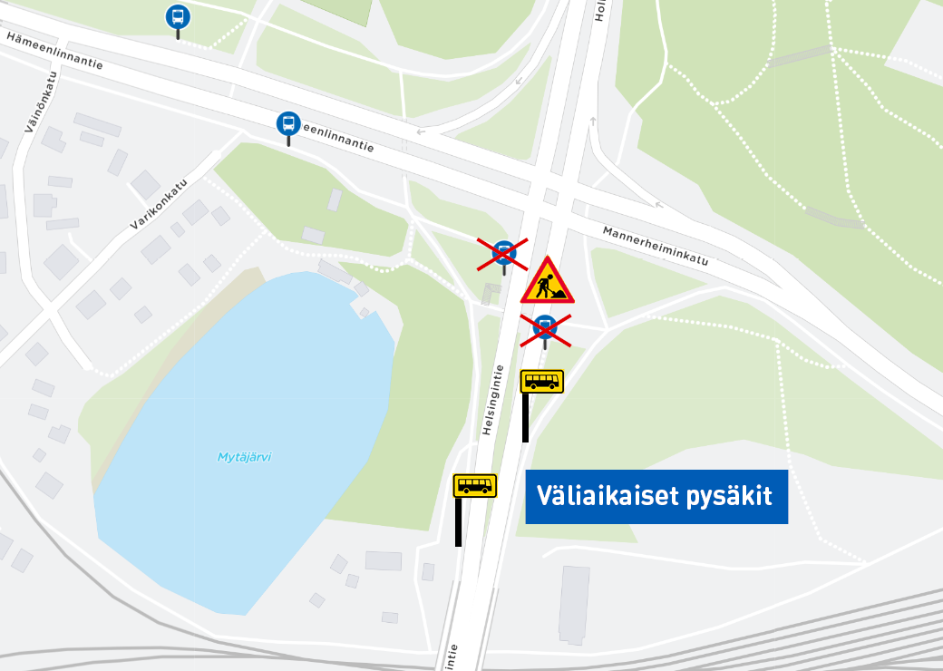 Väliaikaiset pysäkit kartalla.