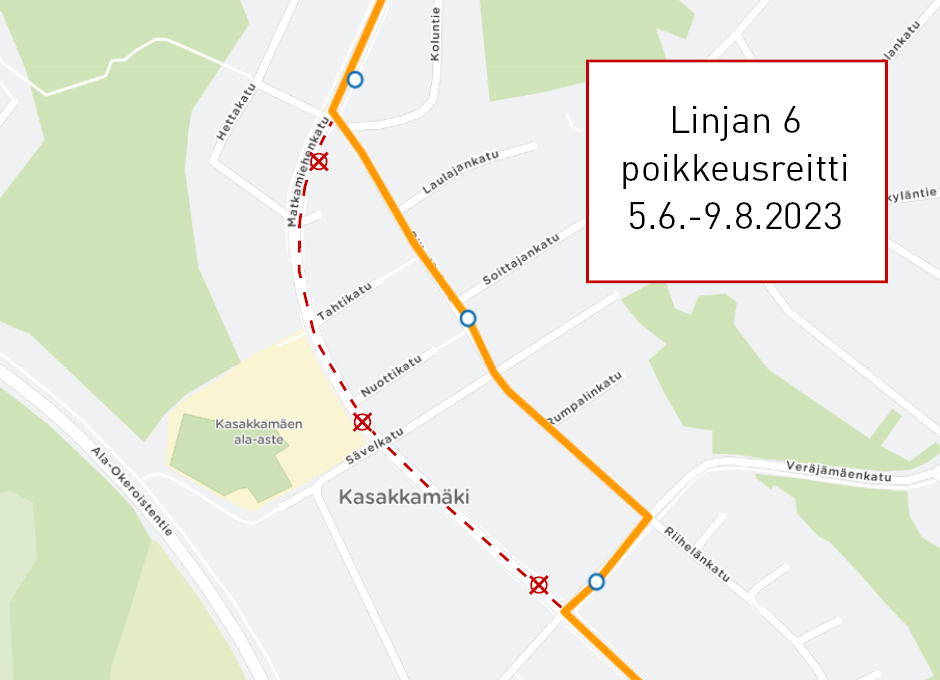 Linjan 6 poikkeusreitti kartalla.