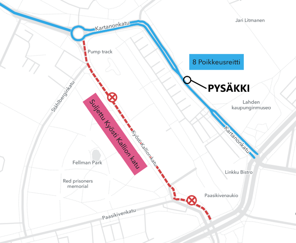 Linjan 8 poikkeusreitti kartalla.