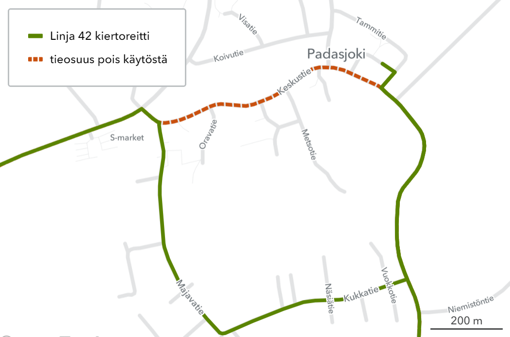 Linja 42 kulkee reittiä Majavatie–Kukkatie koko lauantain 1.7.2023. Osa Keskustiestä on suljettu markkinoiden vuoksi.