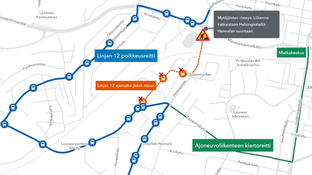 Linjan 12 poikkeusreitti kartalla.