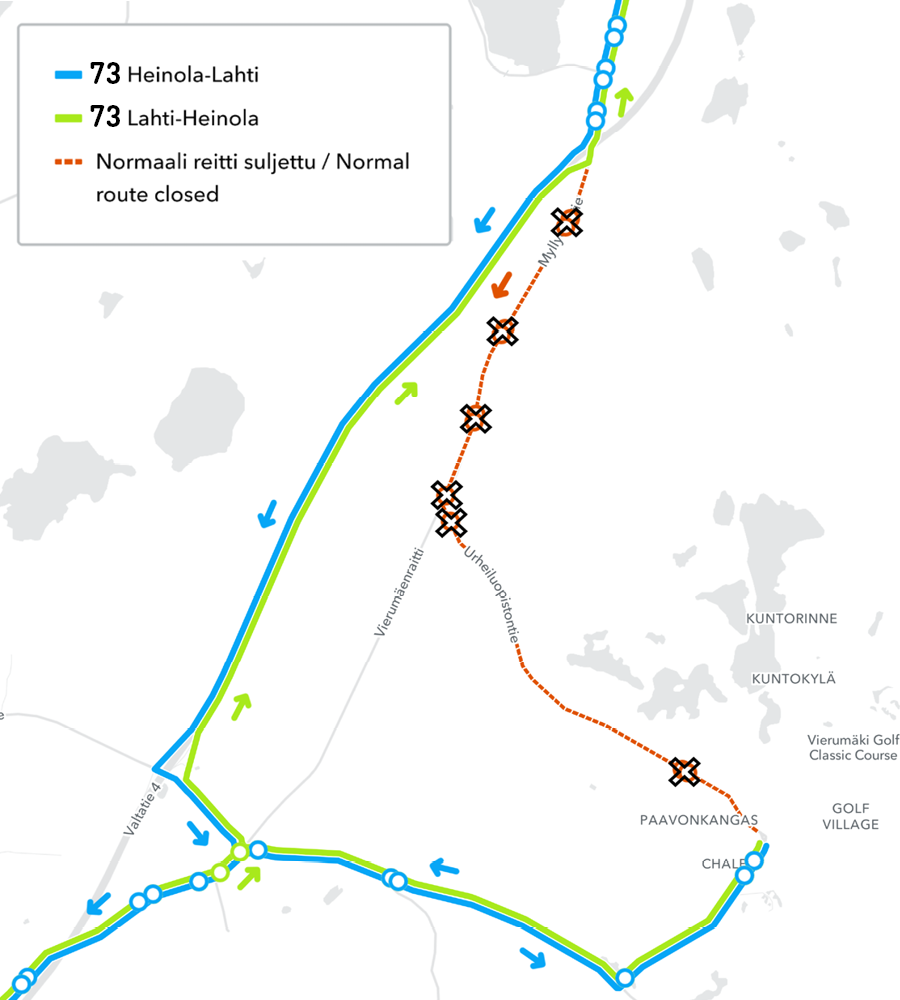 Linjan 73 poikkeusreitti kartalla.