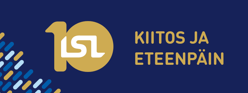 LSL:n juhlavuoden logo ja teksti "kiitos ja eteenpäin".