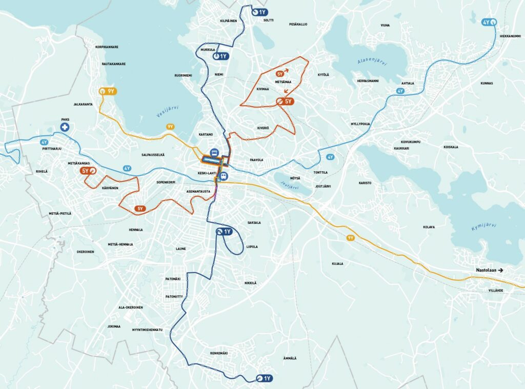 Karttakuva yölinjastosta. Yölinjaston reittikuvaukset on selitetty aikaisemmin sivulla.