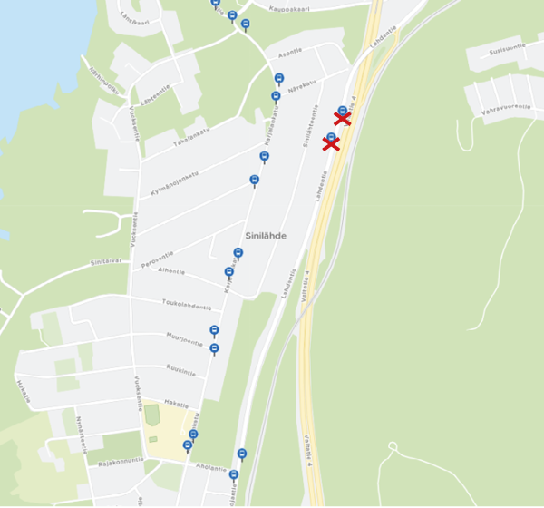 Suljetut pysäkit kartalla.